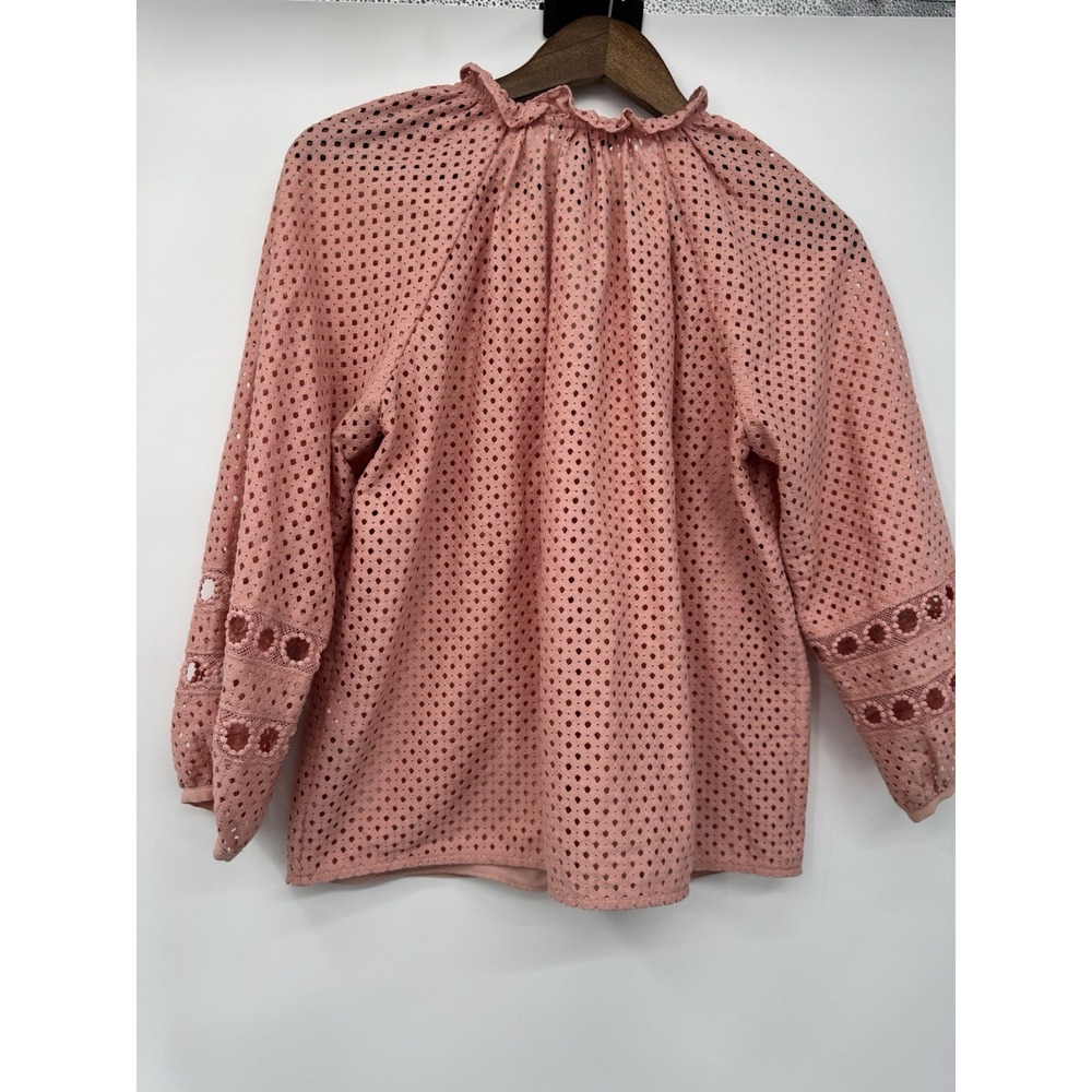 Pink Eyelet Blouse Ruffle‎ Neck Balloon Sleeve Boho Cottagecore Peasant Romantic - Picture 8 of 12